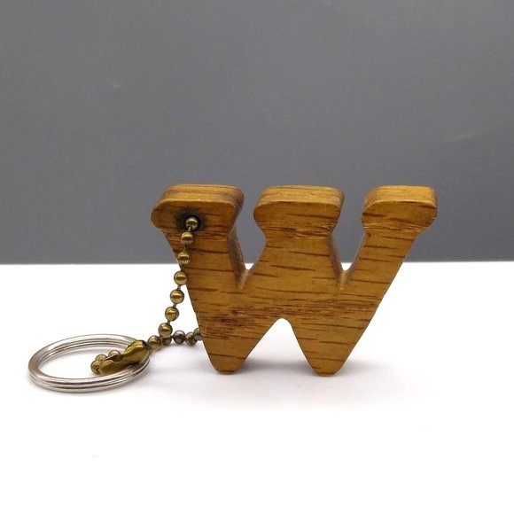 Vintage Initial W or M Keychain Fob, Carved Wood Letter - Picture 1 of 3